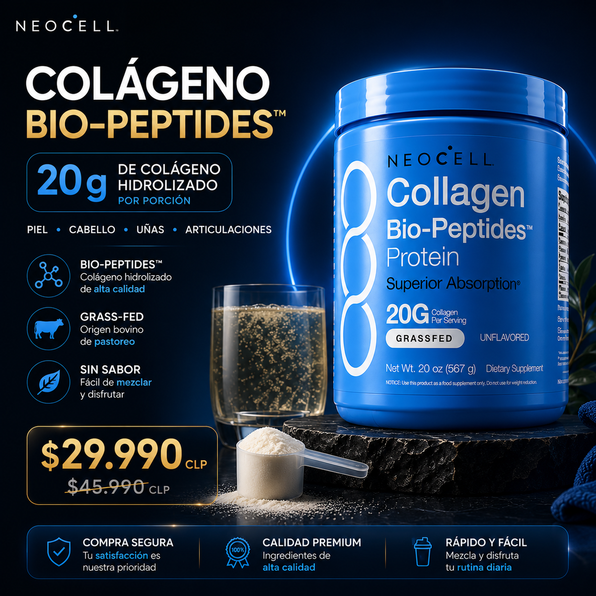 Neocell Colágeno Bio-Peptides™ 20 g de colágeno hidrolizado por porción